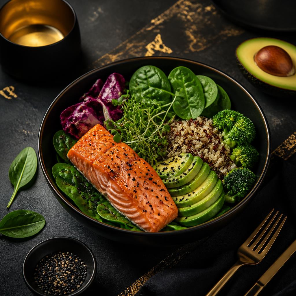 Balanced nutrition bowl with salmon, greens and avocado