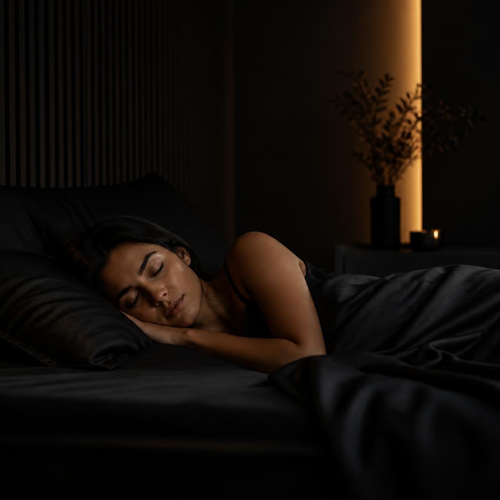 Person sleeping peacefully in a dark, calm bedroom