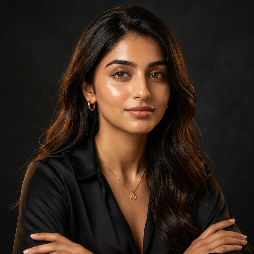 Portrait with clear, healthy skin lit in warm gold light